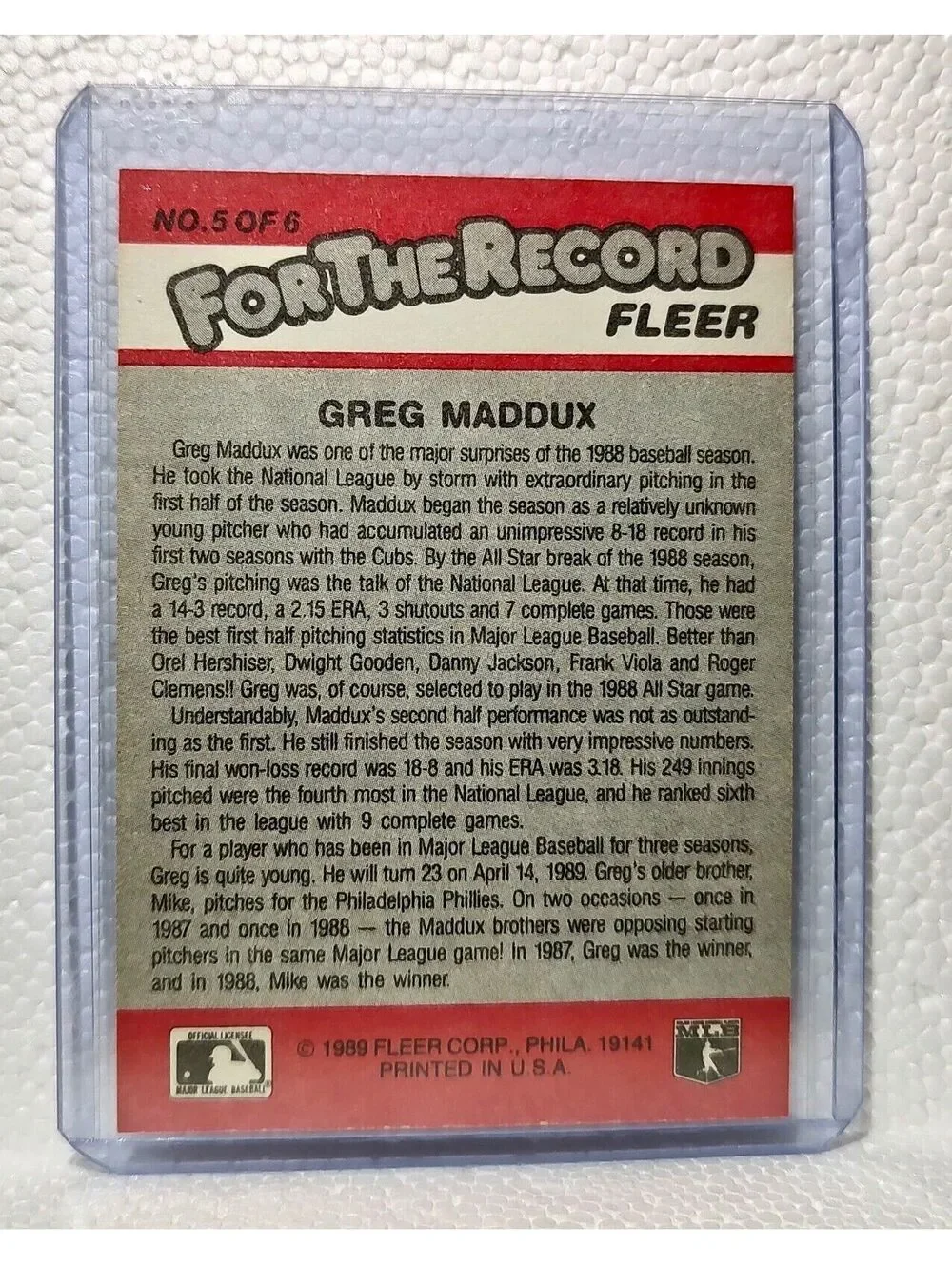 Greg Maddux 1989 Fleer MLB #5 For The Record Baseball Card Chicago Cubs